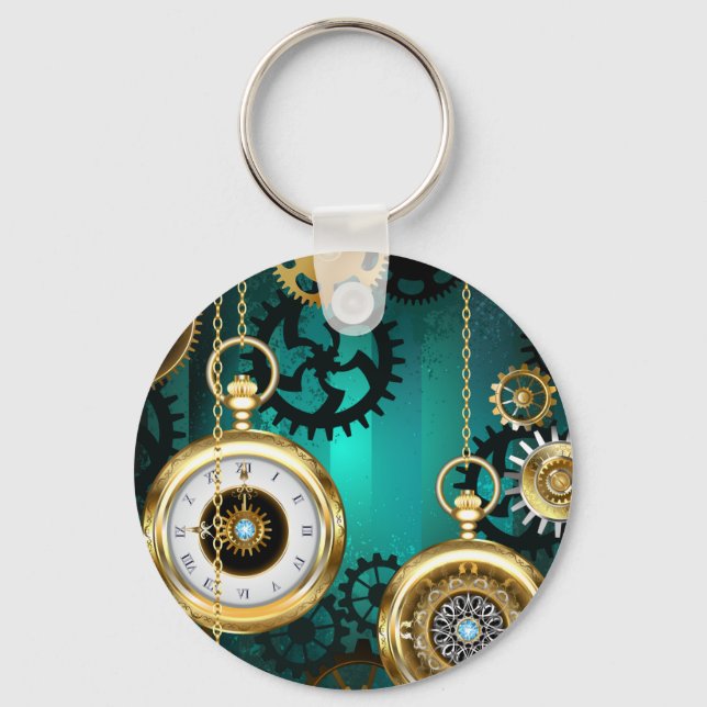 Steampunk Jewelry Watch on a Green Background Keychain (Front)