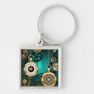 Steampunk Jewelry Watch on a Green Background Keychain