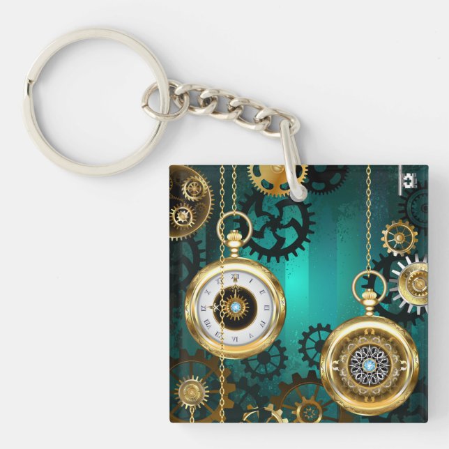 Steampunk Jewelry Watch on a Green Background Keychain (Front)