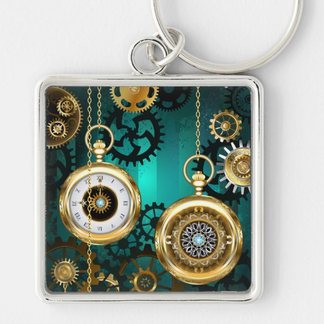 Steampunk Jewelry Watch on a Green Background Keychain (Front)