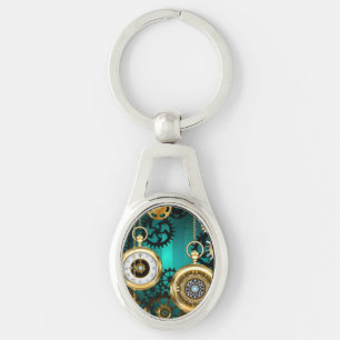 Steampunk Jewelry Watch on a Green Background Keychain