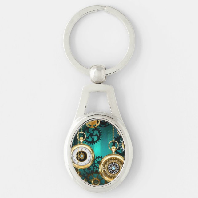 Steampunk Jewelry Watch on a Green Background Keychain (Front)