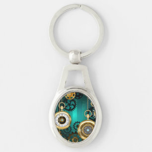 Steampunk Jewelry Watch on a Green Background Keychain