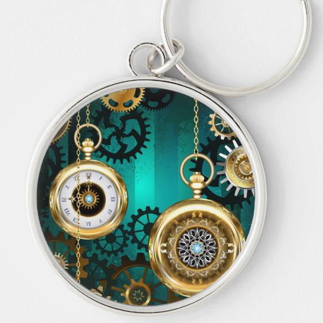 Steampunk Jewelry Watch on a Green Background Keychain (Front)