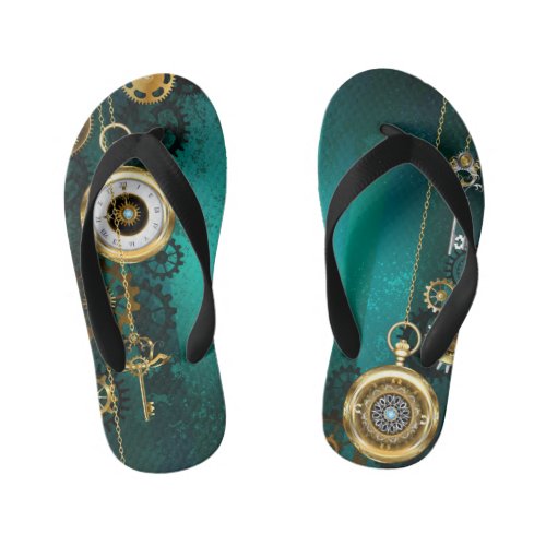 Steampunk Jewelry Watch on a Green Background Kids Flip Flops