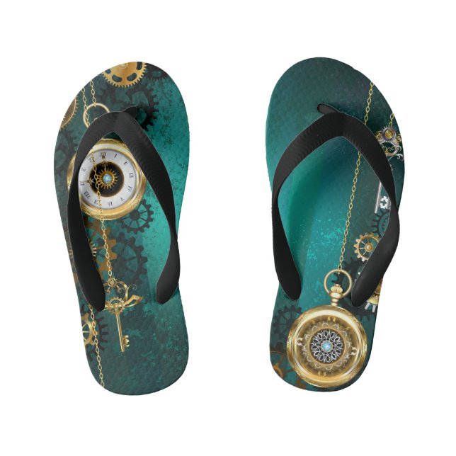 Steampunk Jewelry Watch on a Green Background Kid's Flip Flops (Footbed)