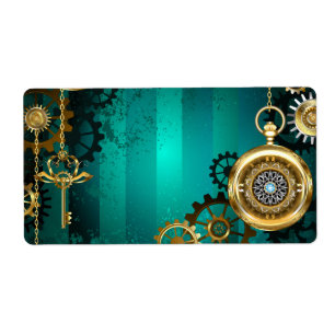 Steampunk Jewelry Watch on a Green Background Label