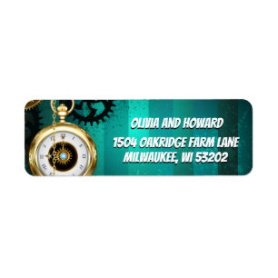 Steampunk Jewelry Watch on a Green Background Label
