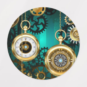 Steampunk Jewelry Watch on a Green Background Labels