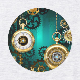 Steampunk Jewelry Watch on a Green Background Labels