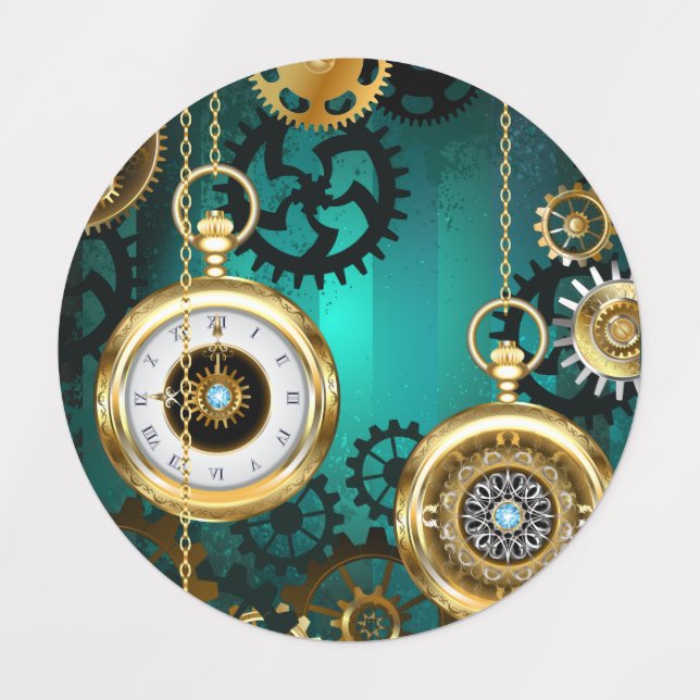 Steampunk Jewelry Watch on a Green Background Labels (Design 1)