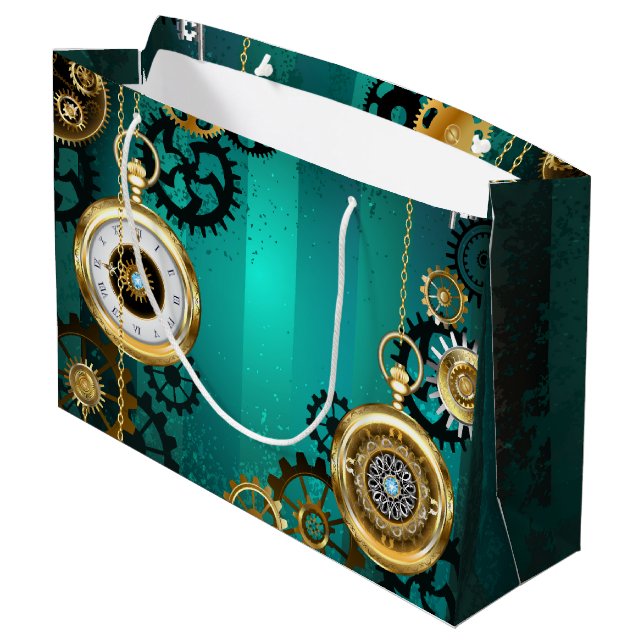Steampunk Jewelry Watch on a Green Background Large Gift Bag (Back Angled)