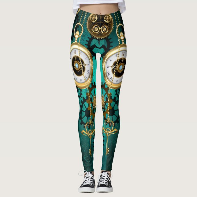 Steampunk Jewelry Watch on a Green Background Leggings (Front)