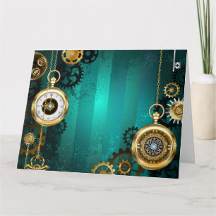 Steampunk Jewelry Watch on a Green Background Letterpress Thank You Card