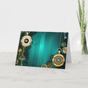 Steampunk Jewelry Watch on a Green Background Letterpress Thank You Card