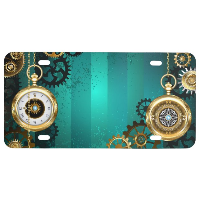 Steampunk Jewelry Watch on a Green Background License Plate (Front)