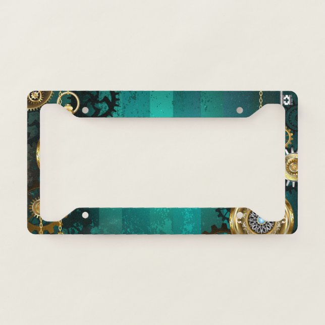 Steampunk Jewelry Watch on a Green Background License Plate Frame (Front)