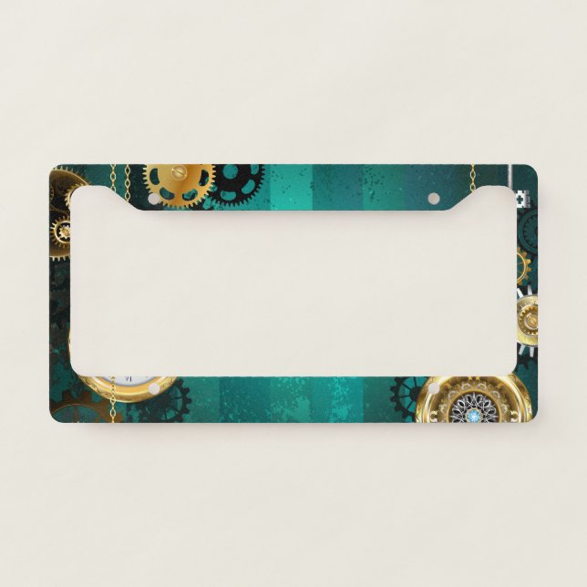 Steampunk Jewelry Watch on a Green Background License Plate Frame (Front)
