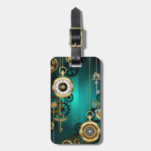 Steampunk Jewelry Watch on a Green Background Luggage Tag