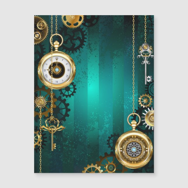 Steampunk Jewelry Watch on a Green Background Magnetic Invitation (Front)