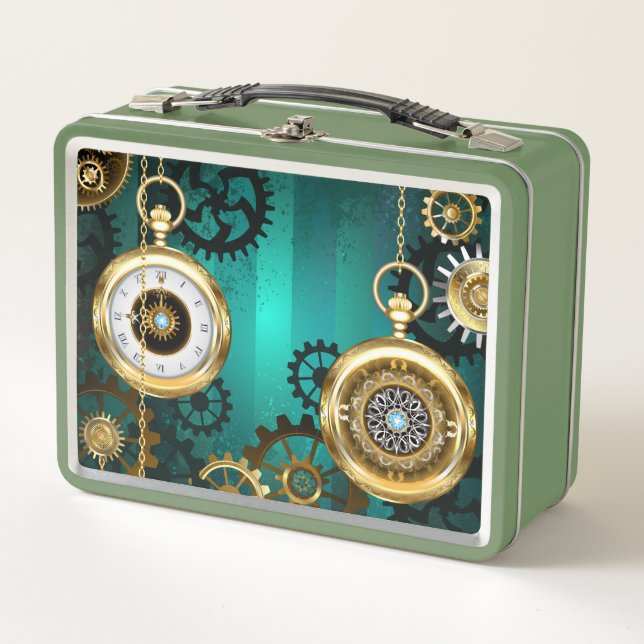 Steampunk Jewelry Watch on a Green Background Metal Lunch Box (Front)