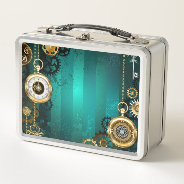 Steampunk Jewelry Watch on a Green Background Metal Lunch Box (Front)