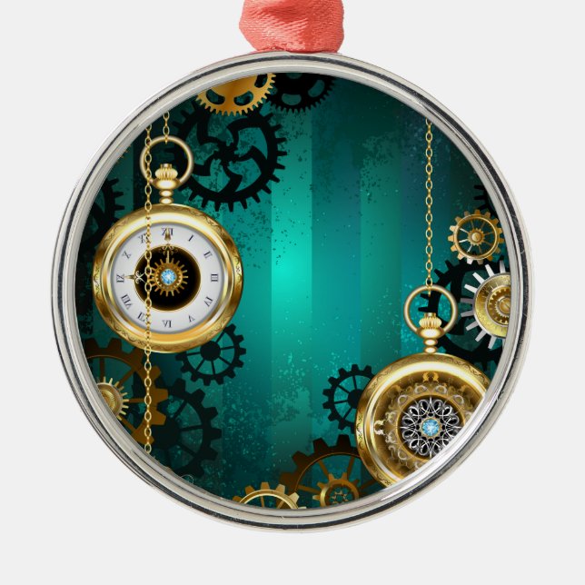 Steampunk Jewelry Watch on a Green Background Metal Ornament (Front)