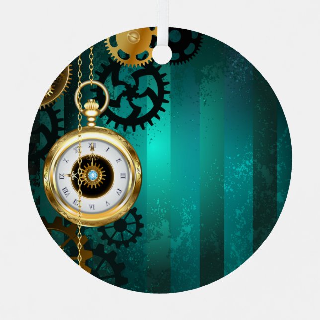 Steampunk Jewelry Watch on a Green Background Metal Ornament (Front)