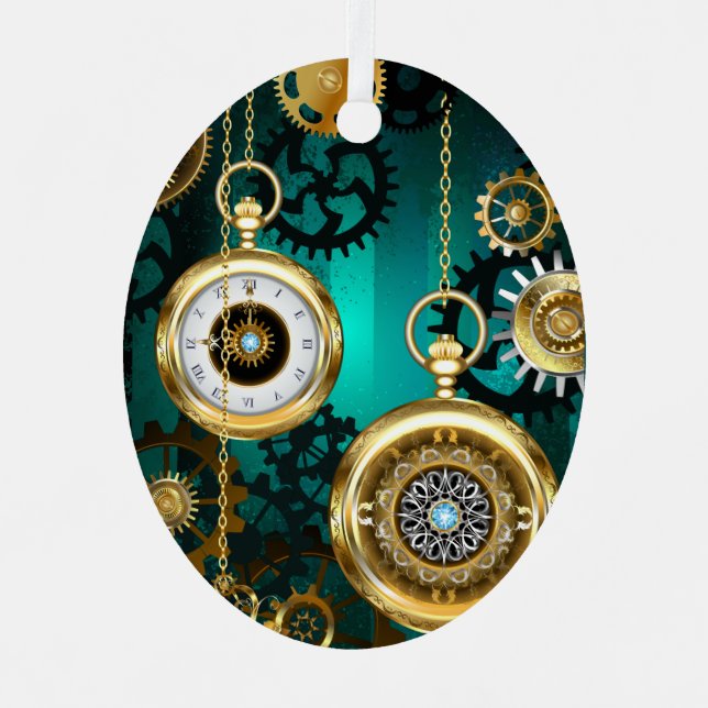 Steampunk Jewelry Watch on a Green Background Metal Ornament (Front)