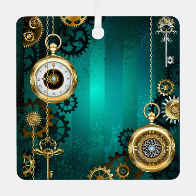 Steampunk Jewelry Watch on a Green Background Metal Ornament (Front)