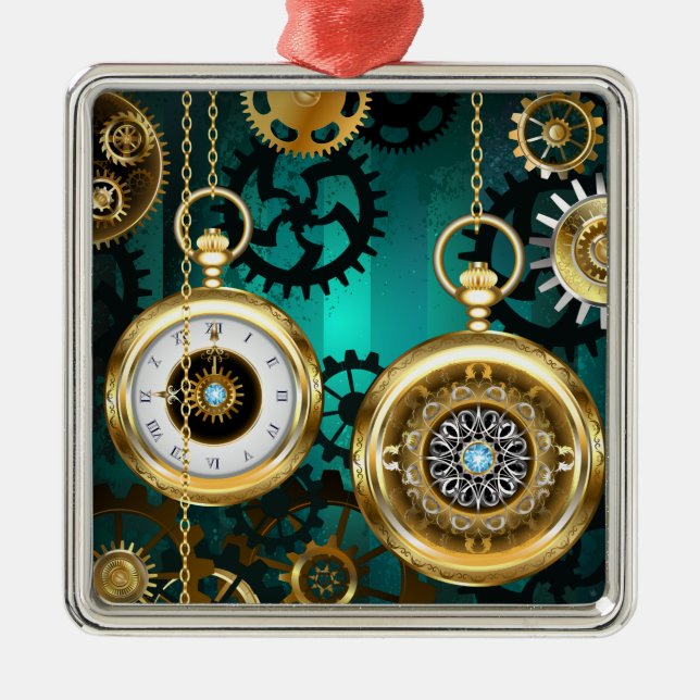 Steampunk Jewelry Watch on a Green Background Metal Ornament (Front)