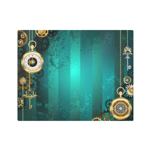Steampunk Jewelry Watch on a Green Background Metal Print (Front)