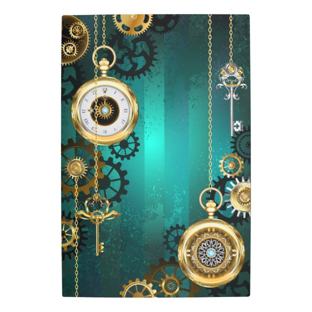 Steampunk Jewelry Watch on a Green Background Metal Print (Front)