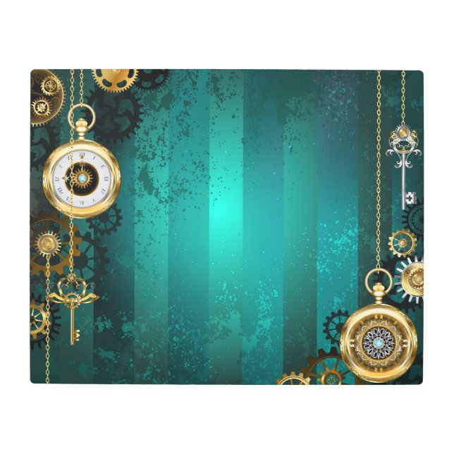Steampunk Jewelry Watch on a Green Background Metal Print (Front)