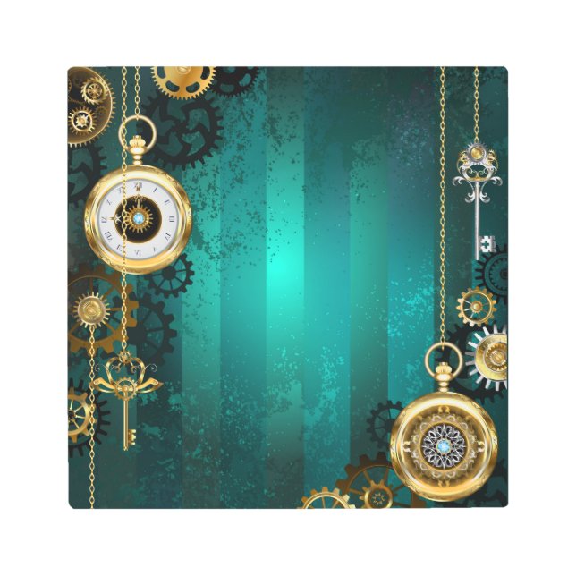 Steampunk Jewelry Watch on a Green Background Metal Print (Front)