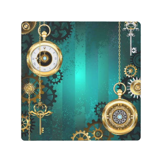 Steampunk Jewelry Watch on a Green Background Metal Print (Front)