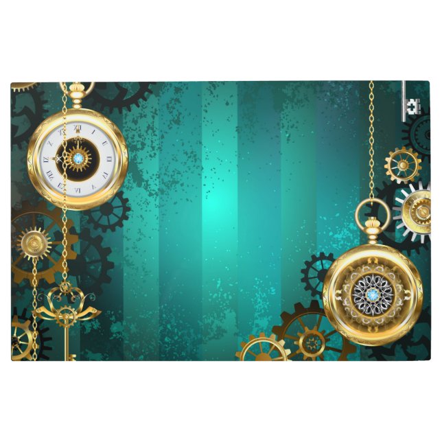 Steampunk Jewelry Watch on a Green Background Metal Print (Front)