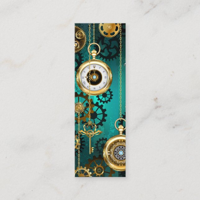 Steampunk Jewelry Watch on a Green Background Mini Business Card (Front)
