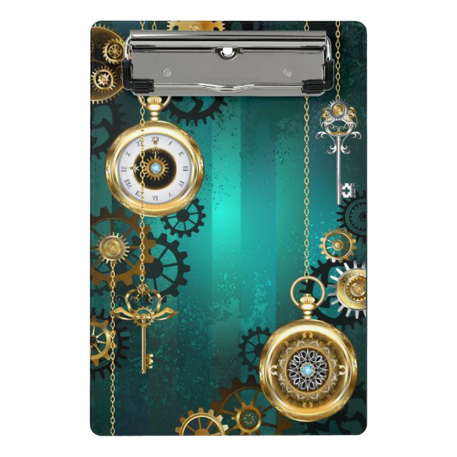 Steampunk Jewelry Watch on a Green Background Mini Clipboard (Front)