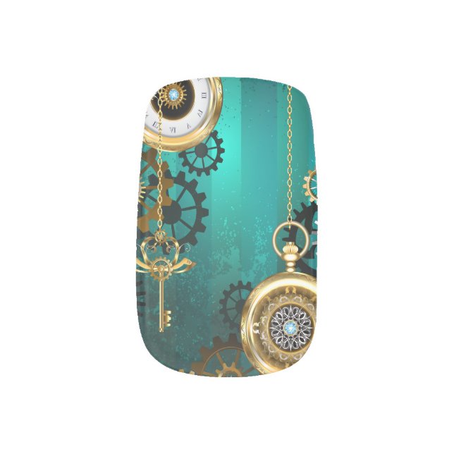 Steampunk Jewelry Watch on a Green Background Minx Nail Art (Left Thumb)