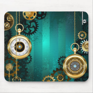 Steampunk Jewelry Watch on a Green Background Mouse Pad