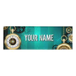 Steampunk Jewelry Watch on a Green Background Name Tag