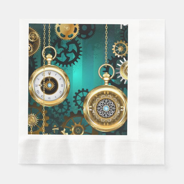 Steampunk Jewelry Watch on a Green Background Napkins (Front)