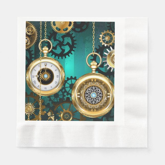 Steampunk Jewelry Watch on a Green Background Napkins (Front)