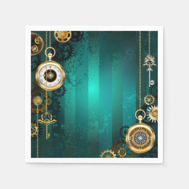 Steampunk Jewelry Watch on a Green Background Napkins (Front)