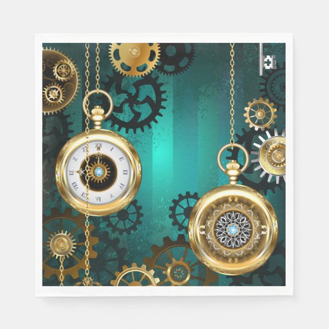 Steampunk Jewelry Watch on a Green Background Napkins (Front)