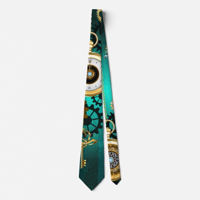 Steampunk Jewelry Watch on a Green Background Neck Tie (Front)