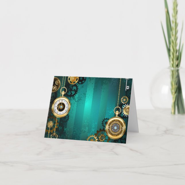 Steampunk Jewelry Watch on a Green Background Note Card (Front)