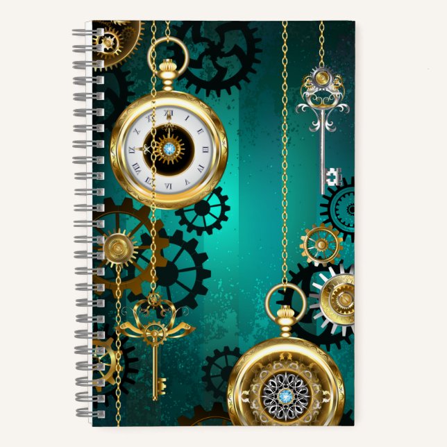 Steampunk Jewelry Watch on a Green Background Notebook (Front)