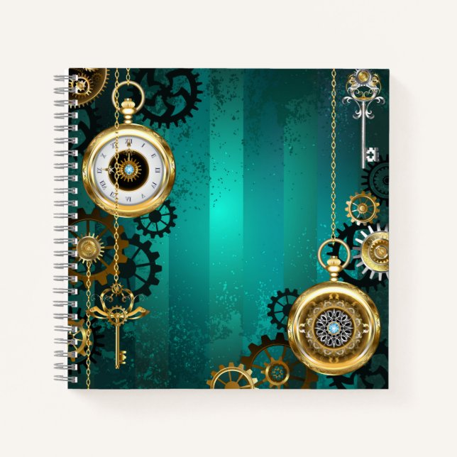 Steampunk Jewelry Watch on a Green Background Notebook (Front)